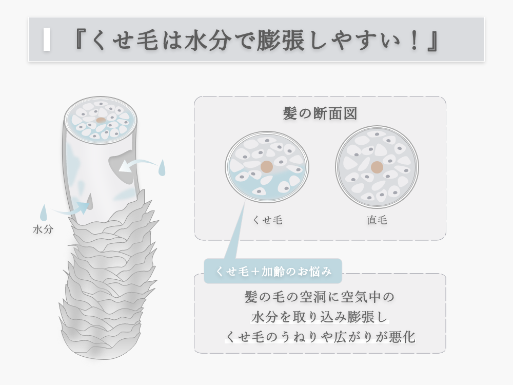 くせ毛、ダメージ毛は湿気でうねる