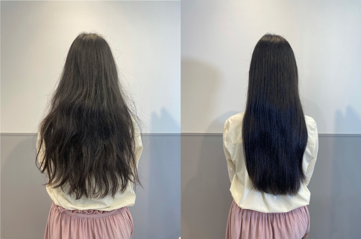 プリュムヘアオイルを馴染ませて、ブロー&スタイリング実施