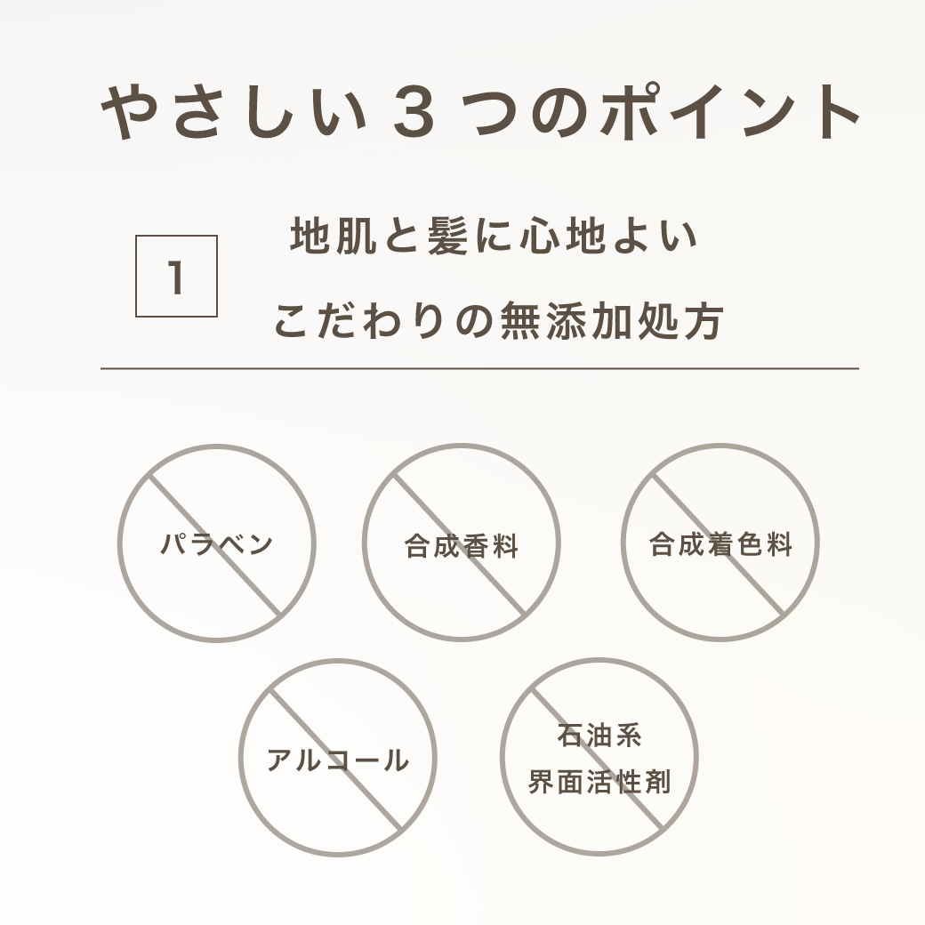 やさしい3つのポイント1 地肌と髪に心地よいこだわりの無添加処方